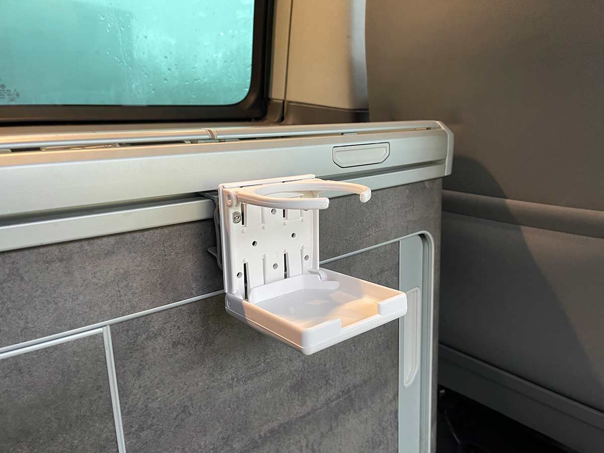 DURSTIG cup holder with in white on the VW California Ocean kitchen unit