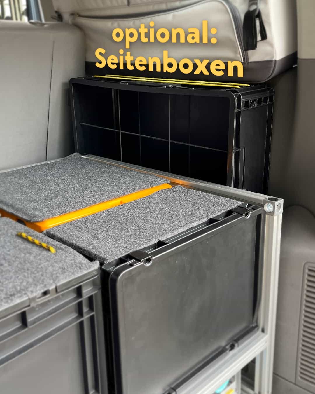 Seitliche Box mit Stecklösung Eine Zusatzlösung mit seitlicher Box ergänzt das Vanzeit-Modul funktional.