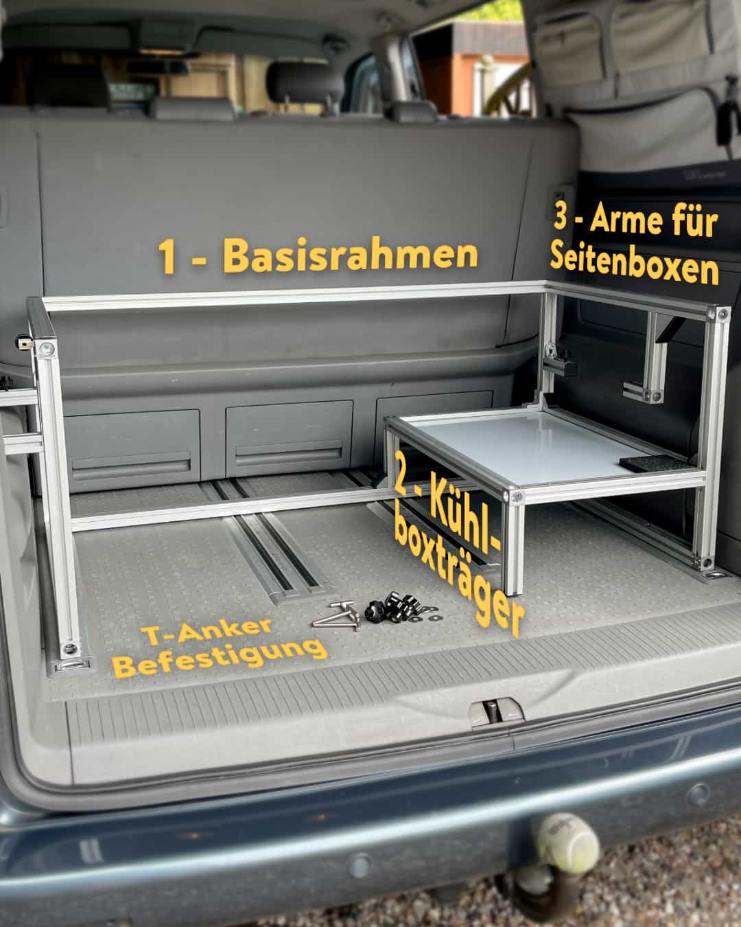 Selbstbau Campingbox Rahmen Element Verschiedene Elemente sind im VanRails-Rahmen für den Selbstausbau integriert.